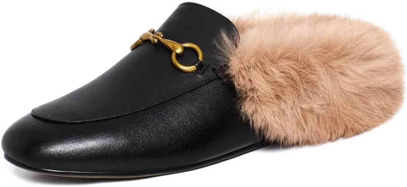 Vertundy Fur Mules with Matal Buckle Slip On Flats for Women Backless Sandals Dress Shoes Work Slides