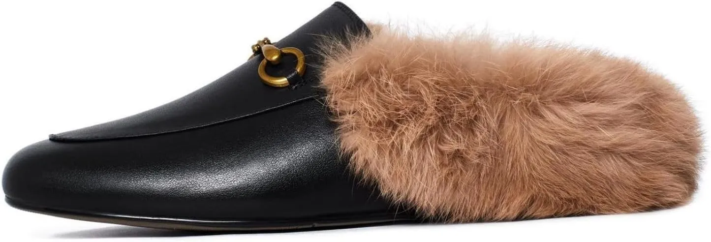 Vertundy Fur Mules with Matal Buckle Slip On Flats for Women Backless Sandals Dress Shoes Work Slides