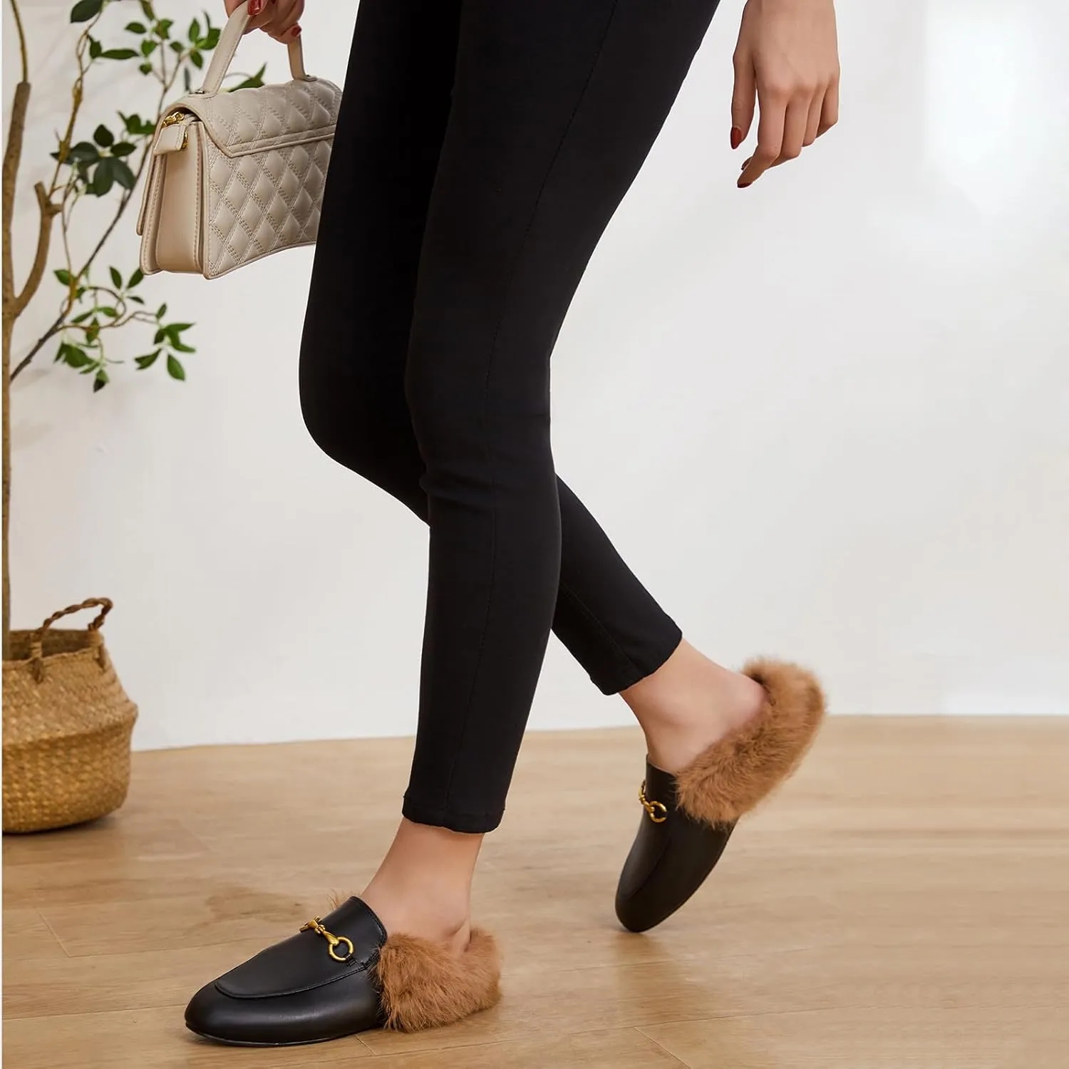 Vertundy Fur Mules with Matal Buckle Slip On Flats for Women Backless Sandals Dress Shoes Work Slides