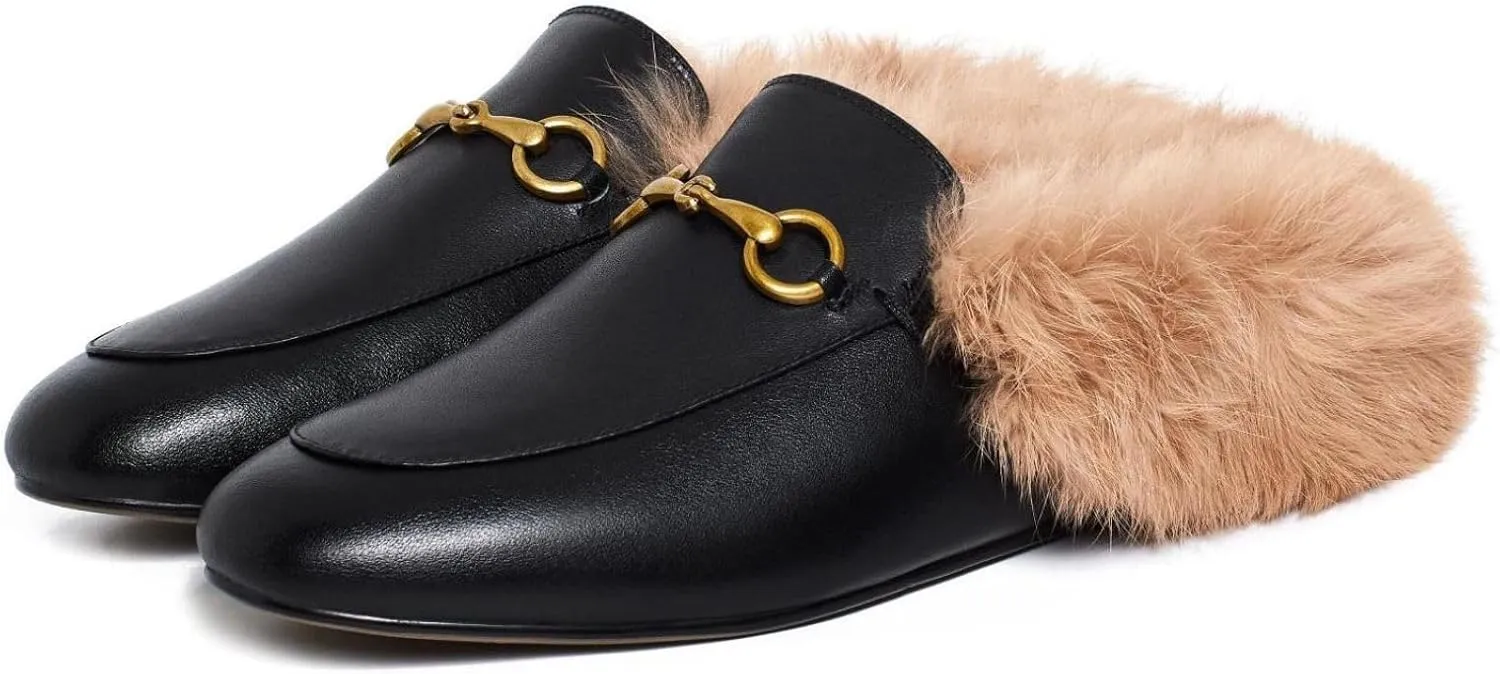 Vertundy Fur Mules with Matal Buckle Slip On Flats for Women Backless Sandals Dress Shoes Work Slides