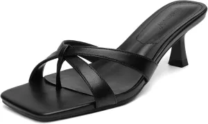 Vertundy Womens Kitten Heels Flip Flop Square Toe Low Mule Thong Sandals