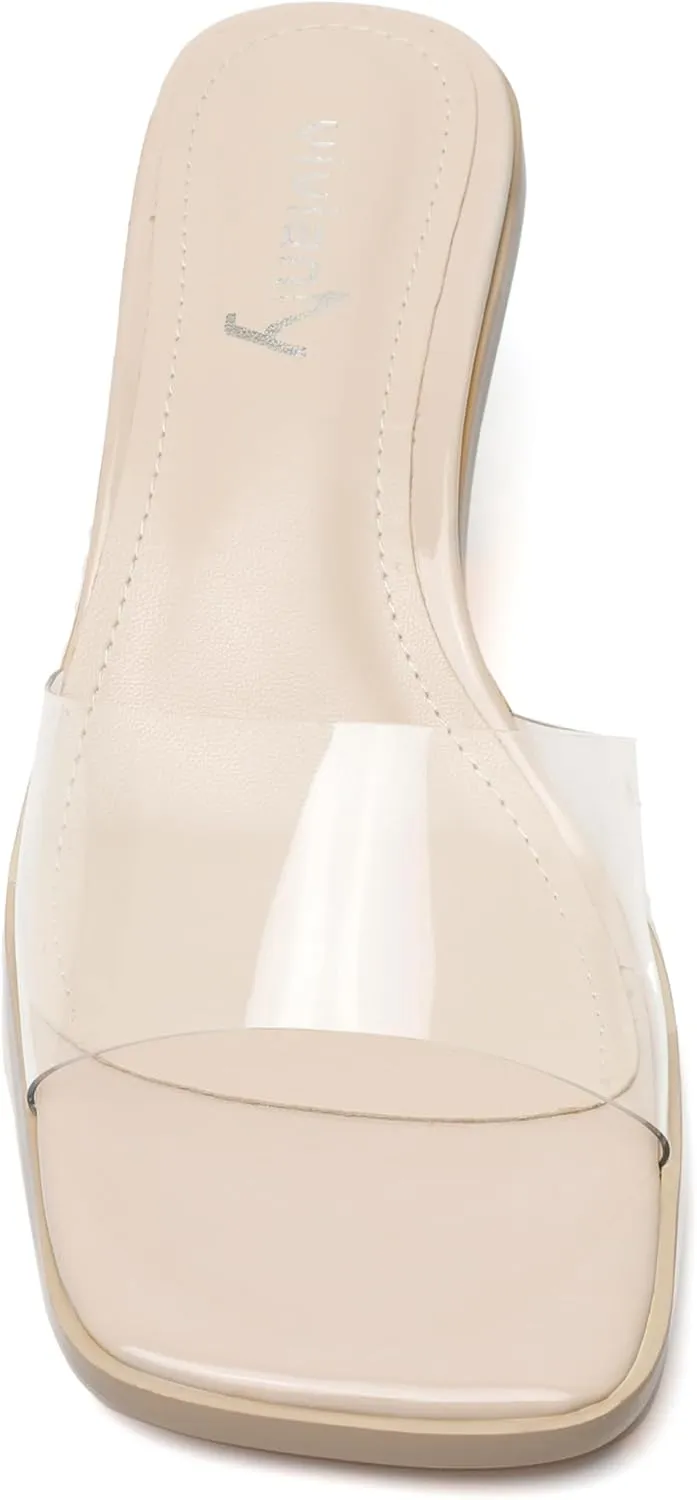 vivianly Womens Clear Heels Sandals Transparent Chunky Heels Backless Open Toe Slip on Mules Heeled Slipper Dress Shoes