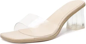vivianly Womens Clear Heels Sandals Transparent Chunky Heels Backless Open Toe Slip on Mules Heeled Slipper Dress Shoes