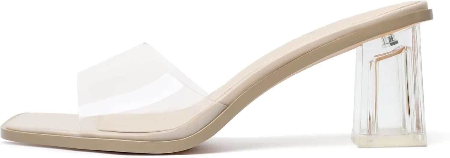 vivianly Womens Clear Heels Sandals Transparent Chunky Heels Backless Open Toe Slip on Mules Heeled Slipper Dress Shoes
