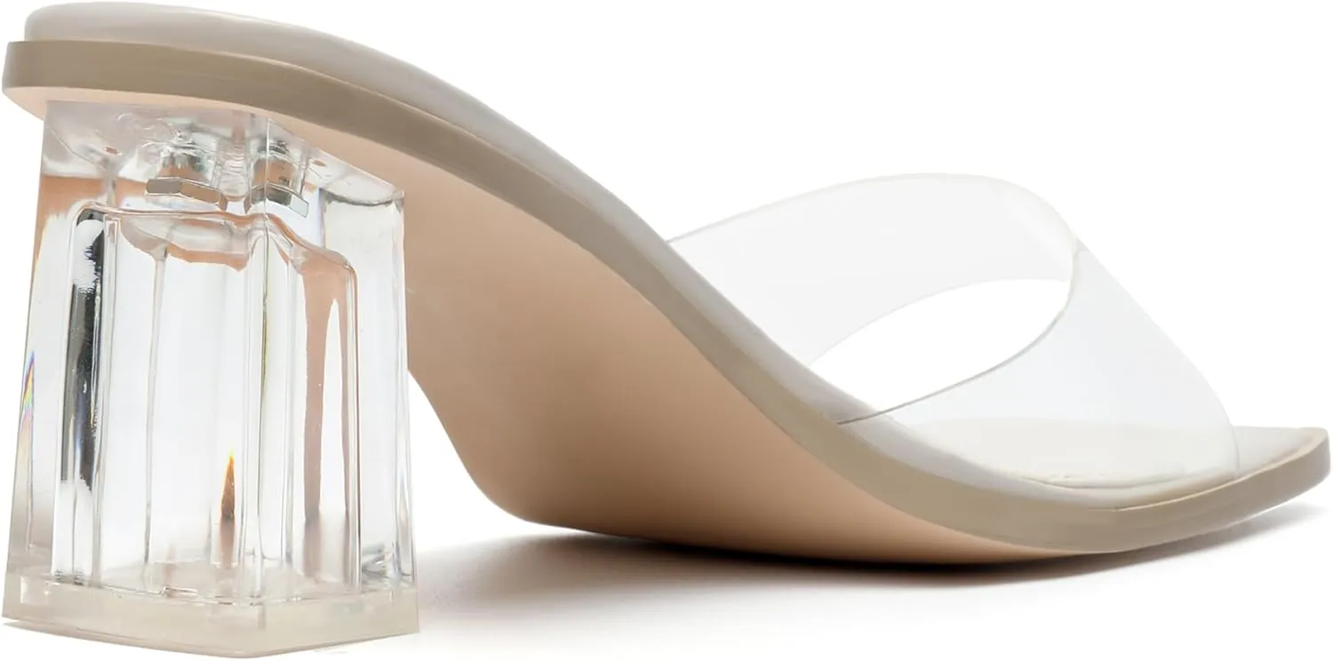 vivianly Womens Clear Heels Sandals Transparent Chunky Heels Backless Open Toe Slip on Mules Heeled Slipper Dress Shoes
