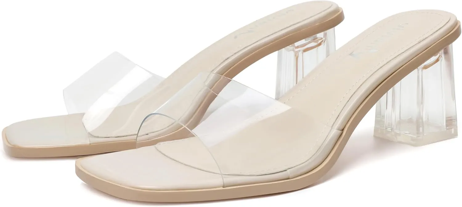 vivianly Womens Clear Heels Sandals Transparent Chunky Heels Backless Open Toe Slip on Mules Heeled Slipper Dress Shoes