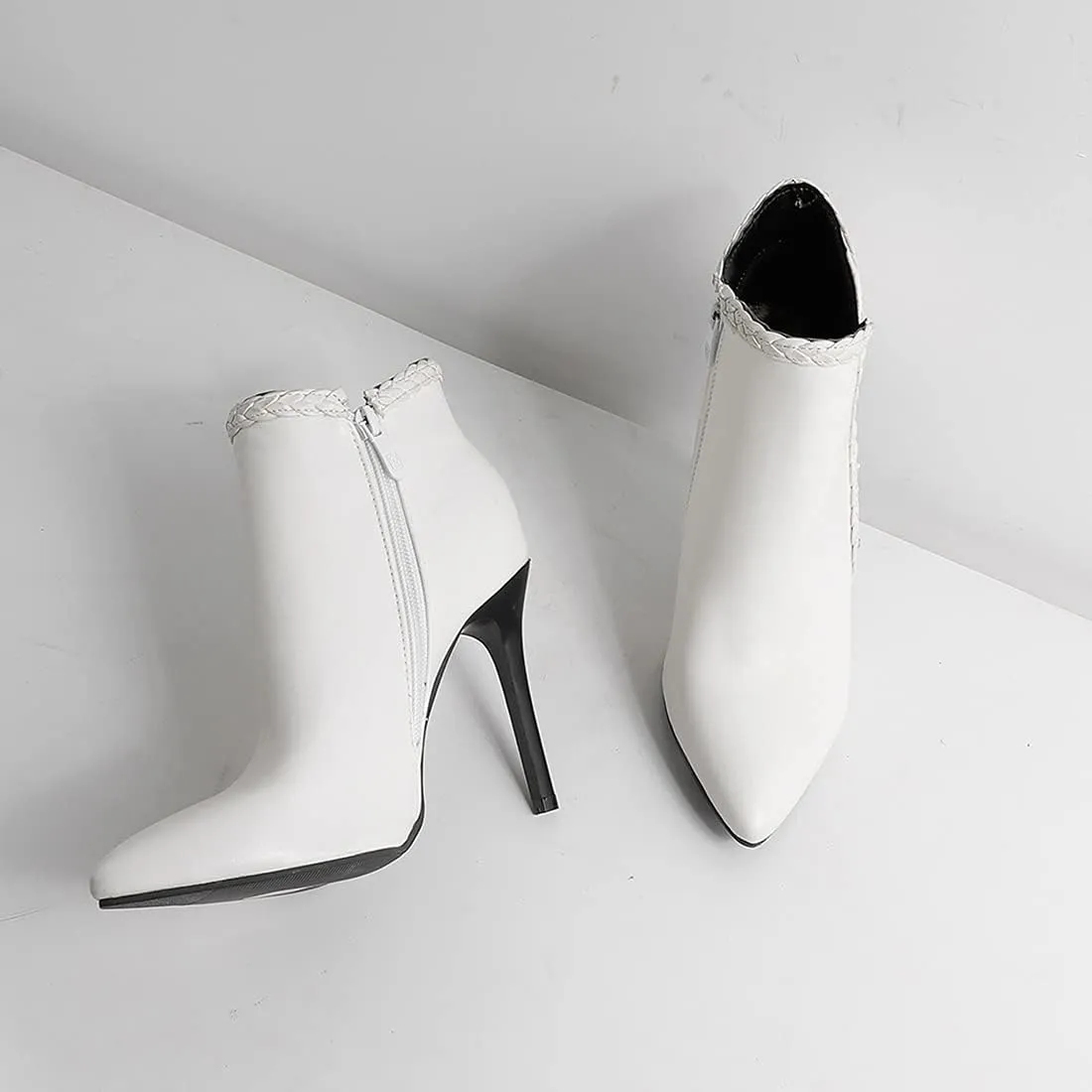 VOKLIN Women's Pointed Toe Stiletto High Heel Dressy Ankle Boots Fashion Braid Zipper Elegant Short Booties