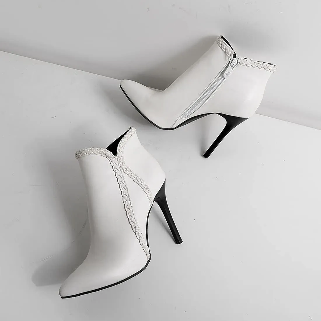 VOKLIN Women's Pointed Toe Stiletto High Heel Dressy Ankle Boots Fashion Braid Zipper Elegant Short Booties