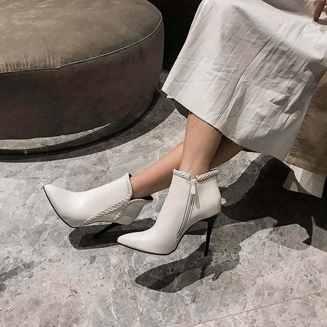 VOKLIN Women's Pointed Toe Stiletto High Heel Dressy Ankle Boots Fashion Braid Zipper Elegant Short Booties