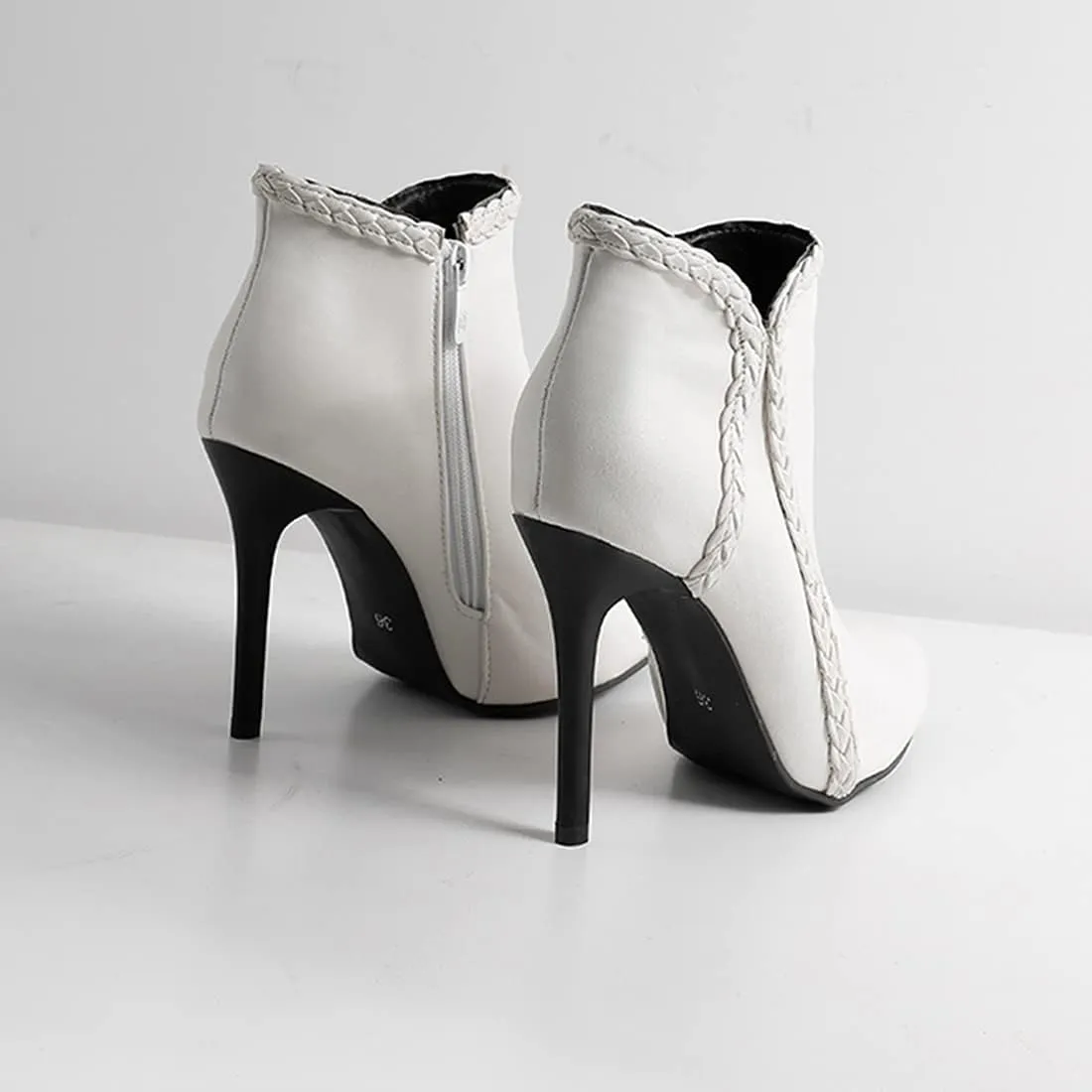 VOKLIN Women's Pointed Toe Stiletto High Heel Dressy Ankle Boots Fashion Braid Zipper Elegant Short Booties