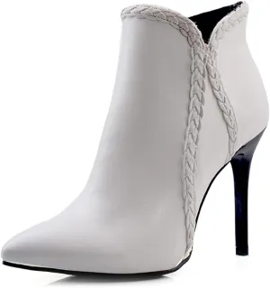 VOKLIN Women's Pointed Toe Stiletto High Heel Dressy Ankle Boots Fashion Braid Zipper Elegant Short Booties