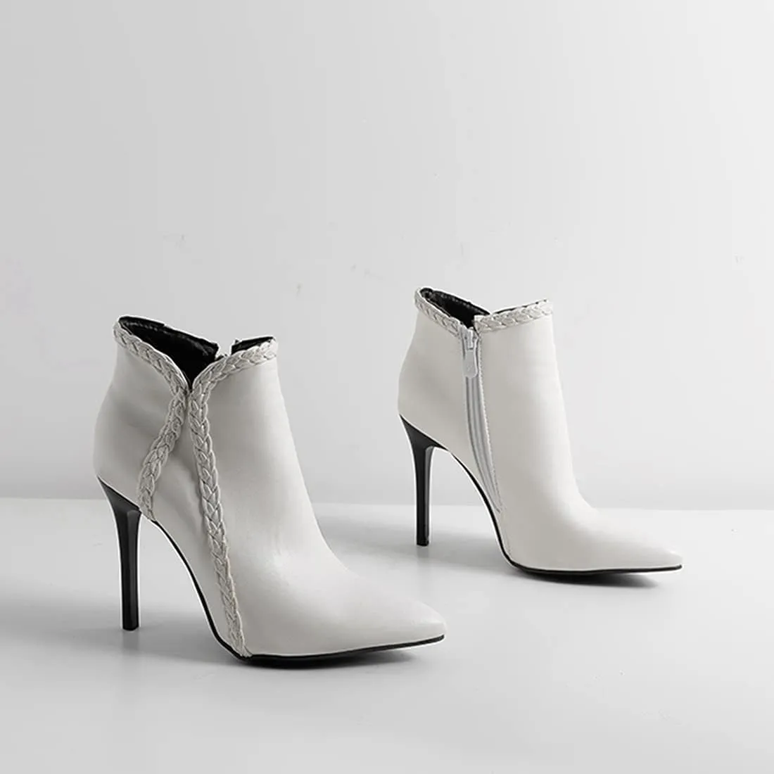 VOKLIN Women's Pointed Toe Stiletto High Heel Dressy Ankle Boots Fashion Braid Zipper Elegant Short Booties