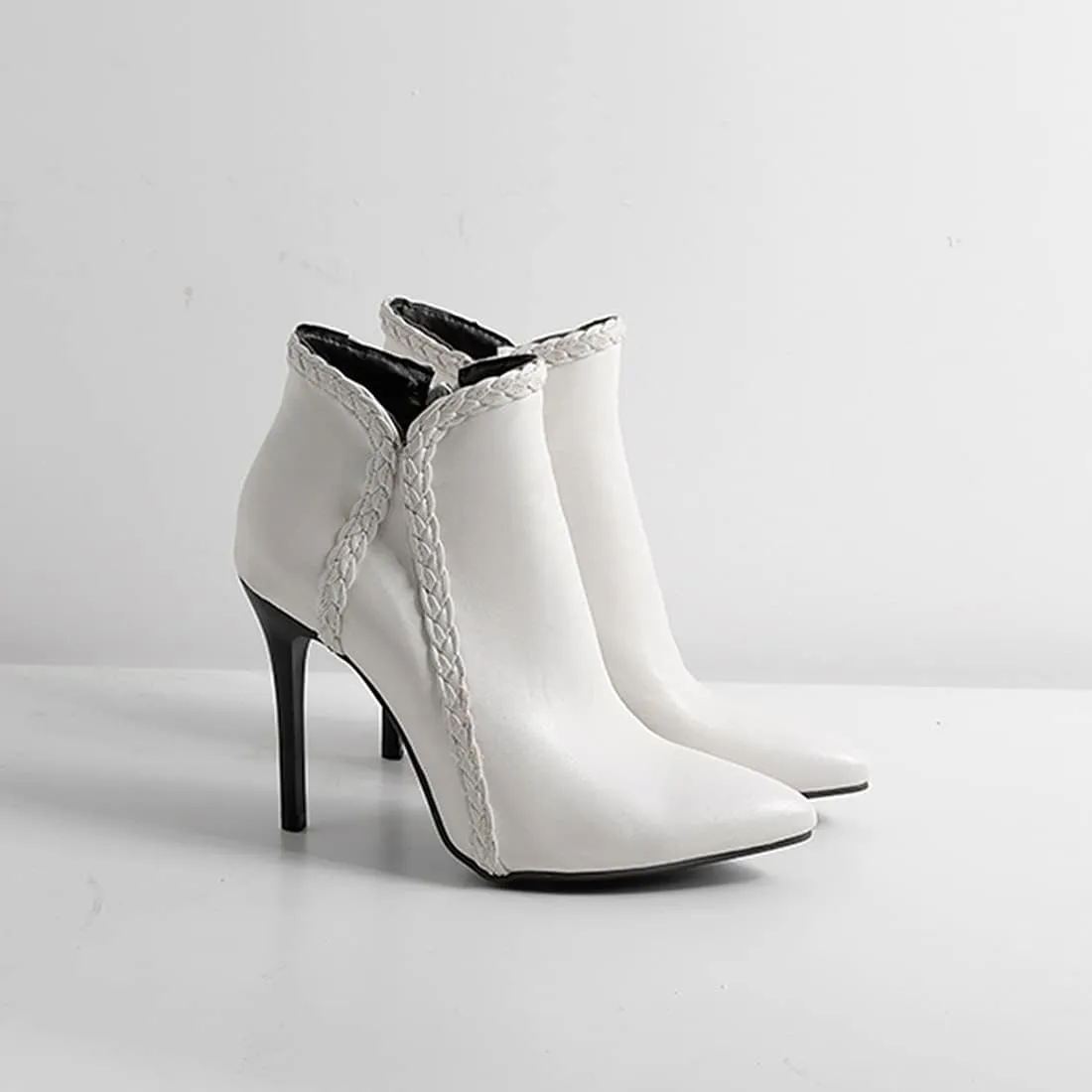VOKLIN Women's Pointed Toe Stiletto High Heel Dressy Ankle Boots Fashion Braid Zipper Elegant Short Booties