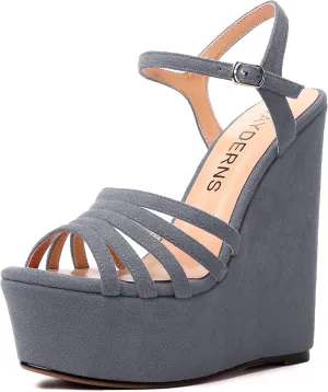 WAYDERNS Womens Party Sexy Open Toe Ankle Strap Slingback Suede Platform Buckle Solid Wedge High Heel Heeled Sandals 6 Inch