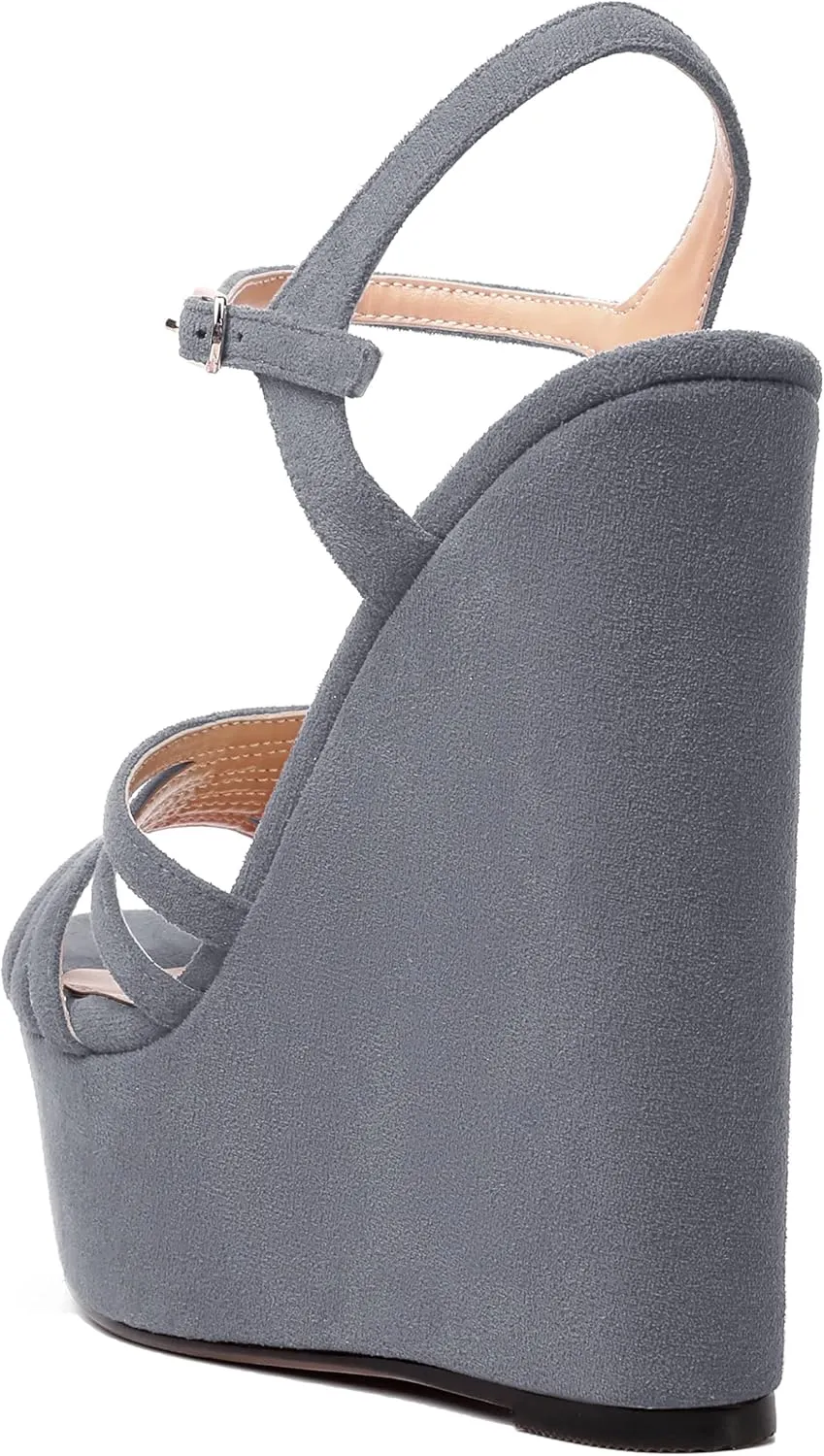 WAYDERNS Womens Party Sexy Open Toe Ankle Strap Slingback Suede Platform Buckle Solid Wedge High Heel Heeled Sandals 6 Inch