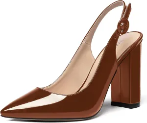 WAYDERNS Women's Patent Leather Pointed Toe Ankle Strap Slingback Block High Heel Pumps Sexy Wedding Dress Shoes 4 Inch