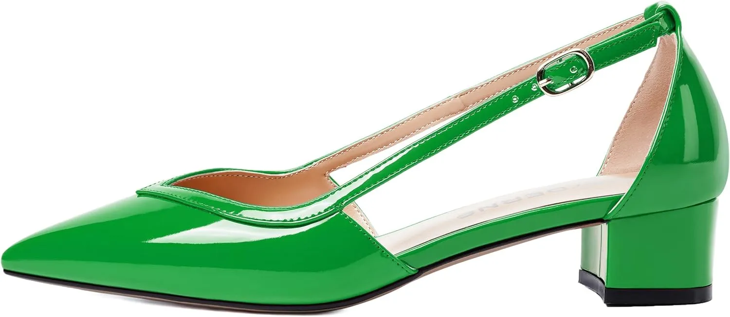 WAYDERNS Womens Pointed Toe Buckle Patent Adjustable Strap Sexy Party Chunky Low Heel Pumps Shoes 1.5 Inch