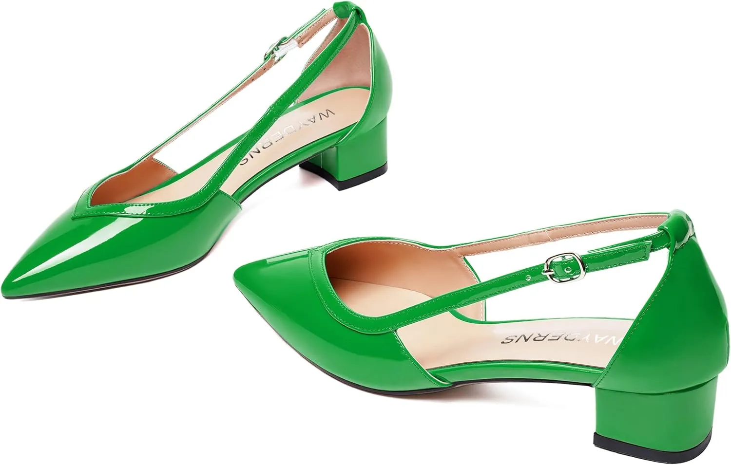 WAYDERNS Womens Pointed Toe Buckle Patent Adjustable Strap Sexy Party Chunky Low Heel Pumps Shoes 1.5 Inch