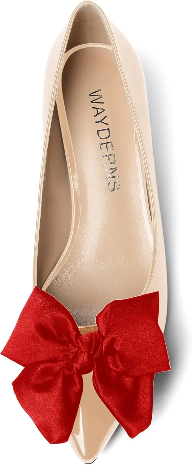 WAYDERNS Women's Slip On Patent Pointed Toe Bow Decoration Kitten Low Heel Pumps Shoes 1.5 Inch