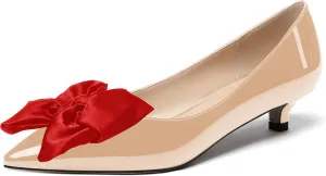 WAYDERNS Women's Slip On Patent Pointed Toe Bow Decoration Kitten Low Heel Pumps Shoes 1.5 Inch