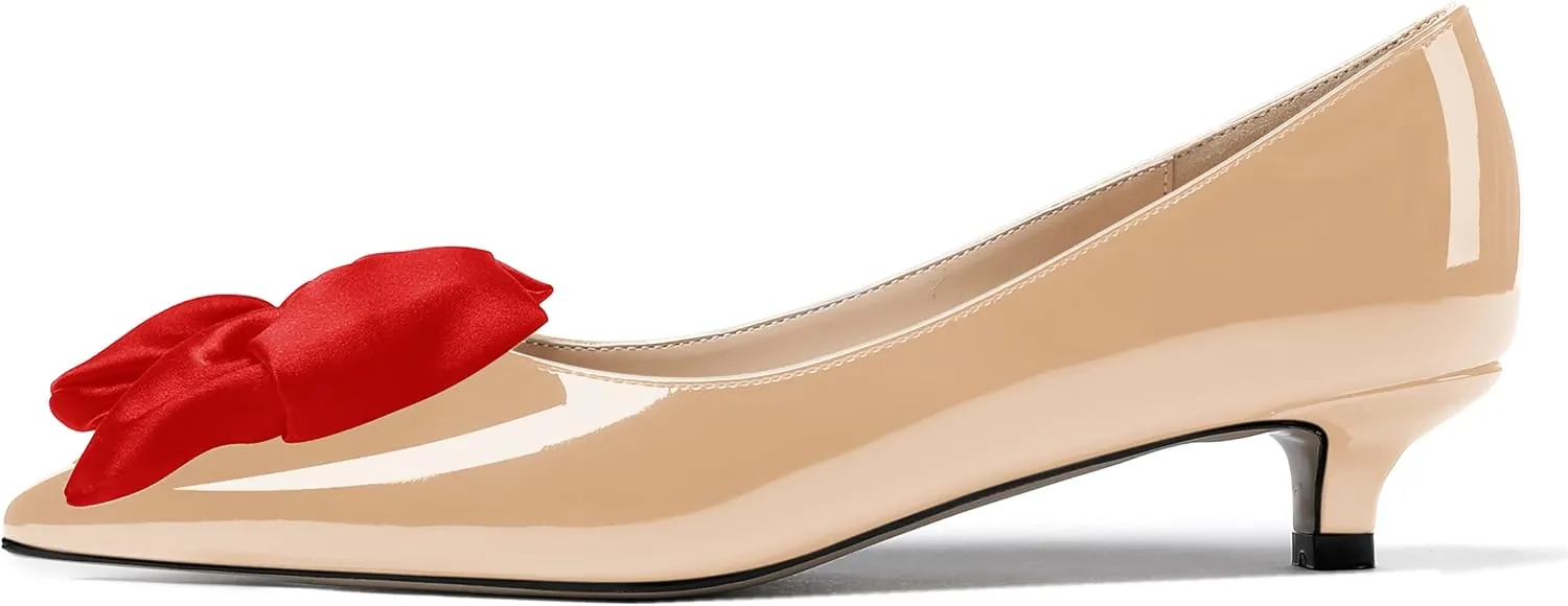 WAYDERNS Women's Slip On Patent Pointed Toe Bow Decoration Kitten Low Heel Pumps Shoes 1.5 Inch