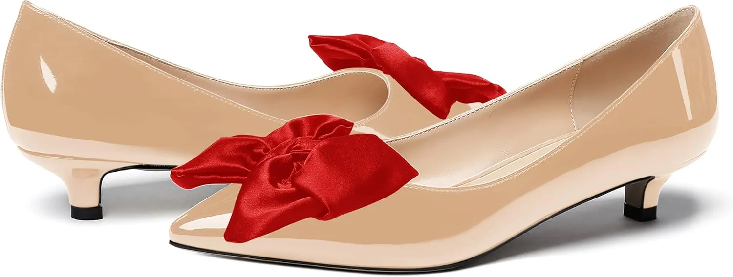WAYDERNS Women's Slip On Patent Pointed Toe Bow Decoration Kitten Low Heel Pumps Shoes 1.5 Inch