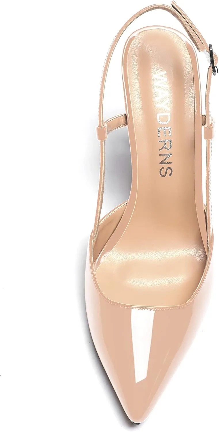 WAYDERNS Women's Solid Pointed Toe Buckle Slingback Ankle Strap Patent Leather Stiletto High Heel Pumps Shoes 3.5 Inch