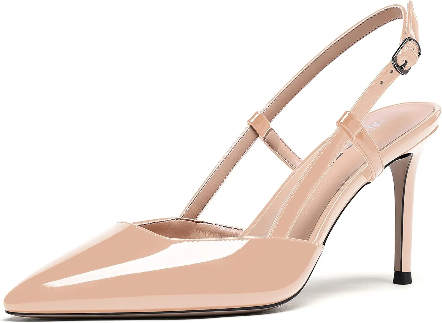WAYDERNS Women's Solid Pointed Toe Buckle Slingback Ankle Strap Patent Leather Stiletto High Heel Pumps Shoes 3.5 Inch