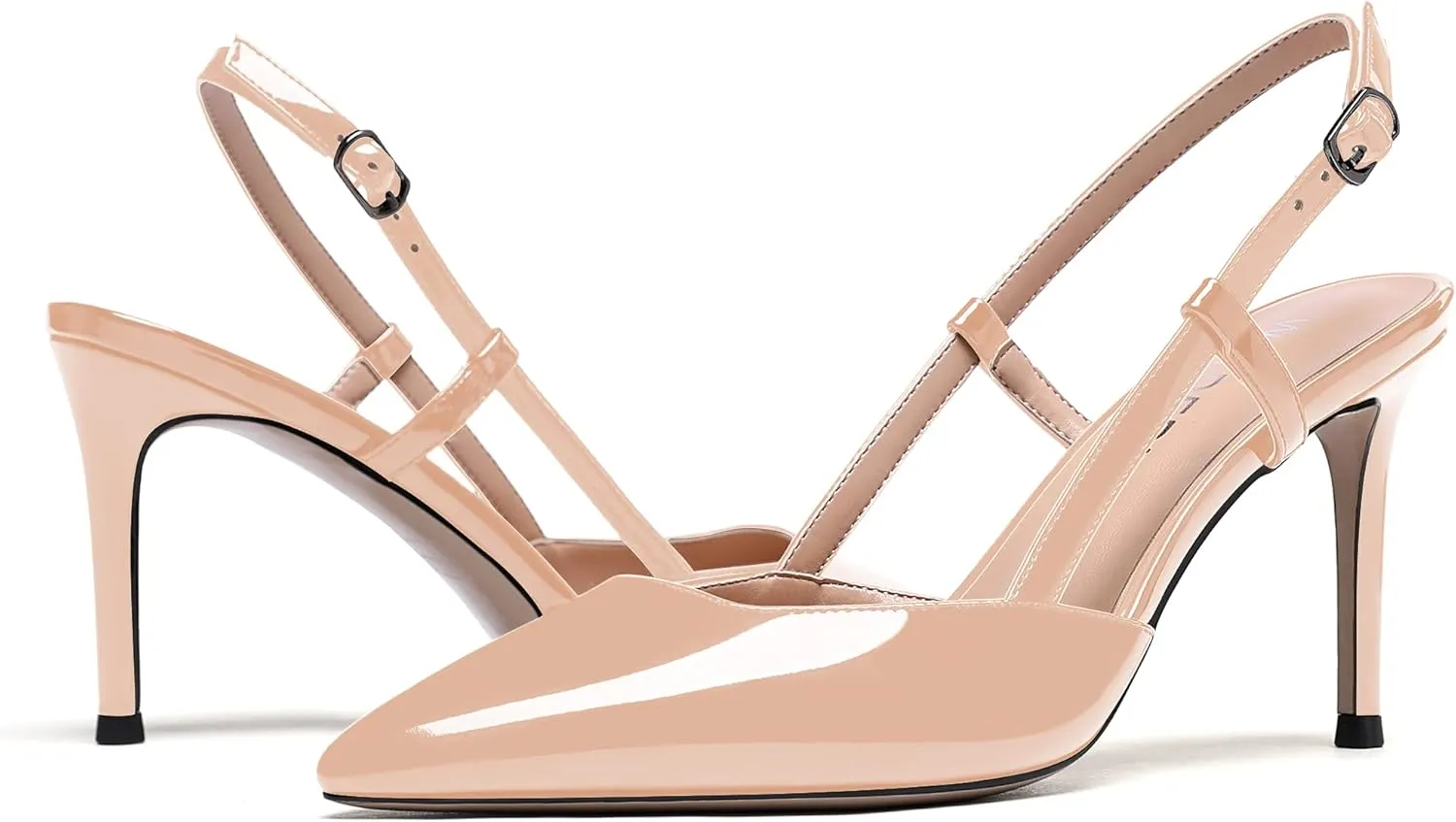 WAYDERNS Women's Solid Pointed Toe Buckle Slingback Ankle Strap Patent Leather Stiletto High Heel Pumps Shoes 3.5 Inch