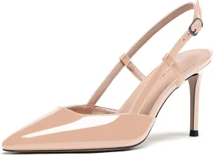 WAYDERNS Women's Solid Pointed Toe Buckle Slingback Ankle Strap Patent Leather Stiletto High Heel Pumps Shoes 3.5 Inch