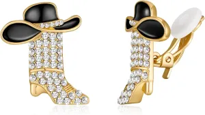 Western Boots Earrings - Cowgirl Cowboy Enamel Hat Bohemian Rodeo Boot Clip On Earrings, Fashion Statement Jewelry for Women