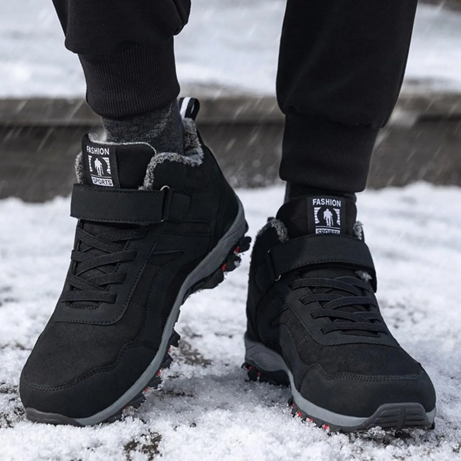 Winter Sport Shoes for Men Fleece Lined Warm Running Shoes with Adjustable Closures Non Slip Walking Boots Snowshoe Pole