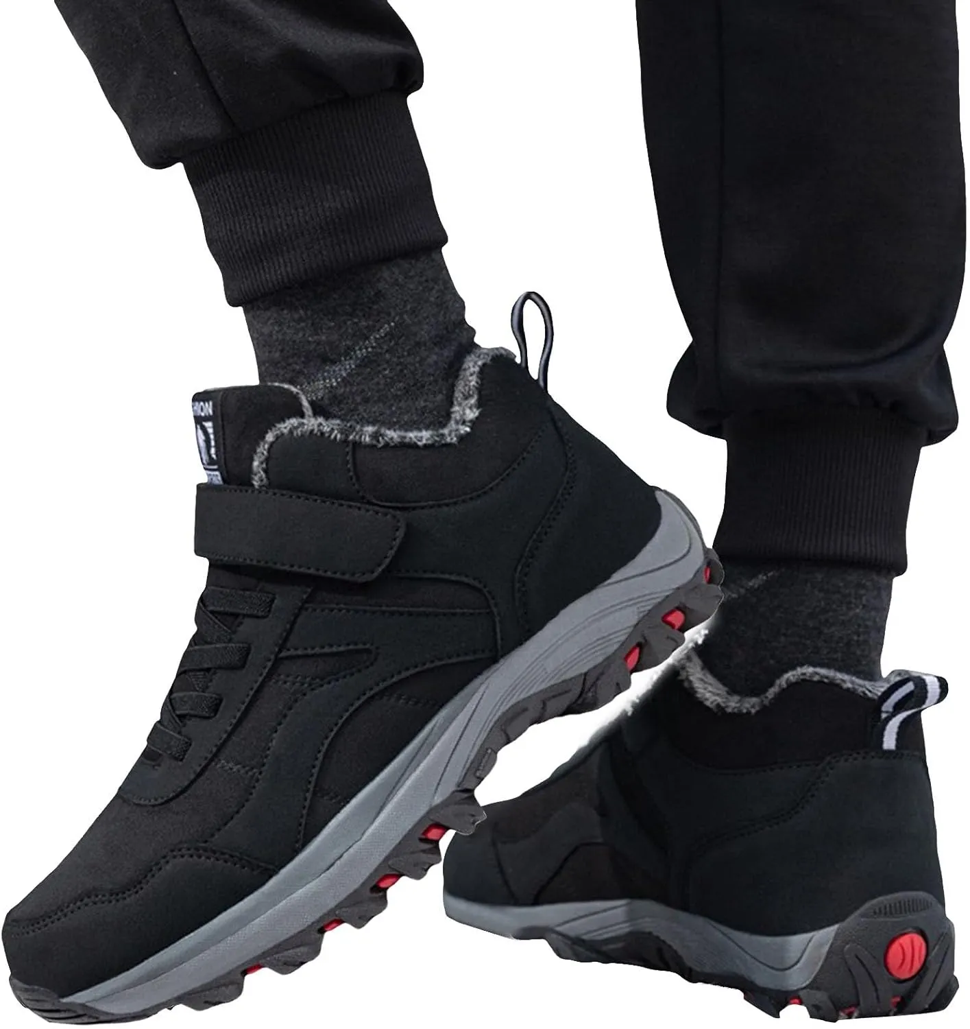Winter Sport Shoes for Men Fleece Lined Warm Running Shoes with Adjustable Closures Non Slip Walking Boots Snowshoe Pole