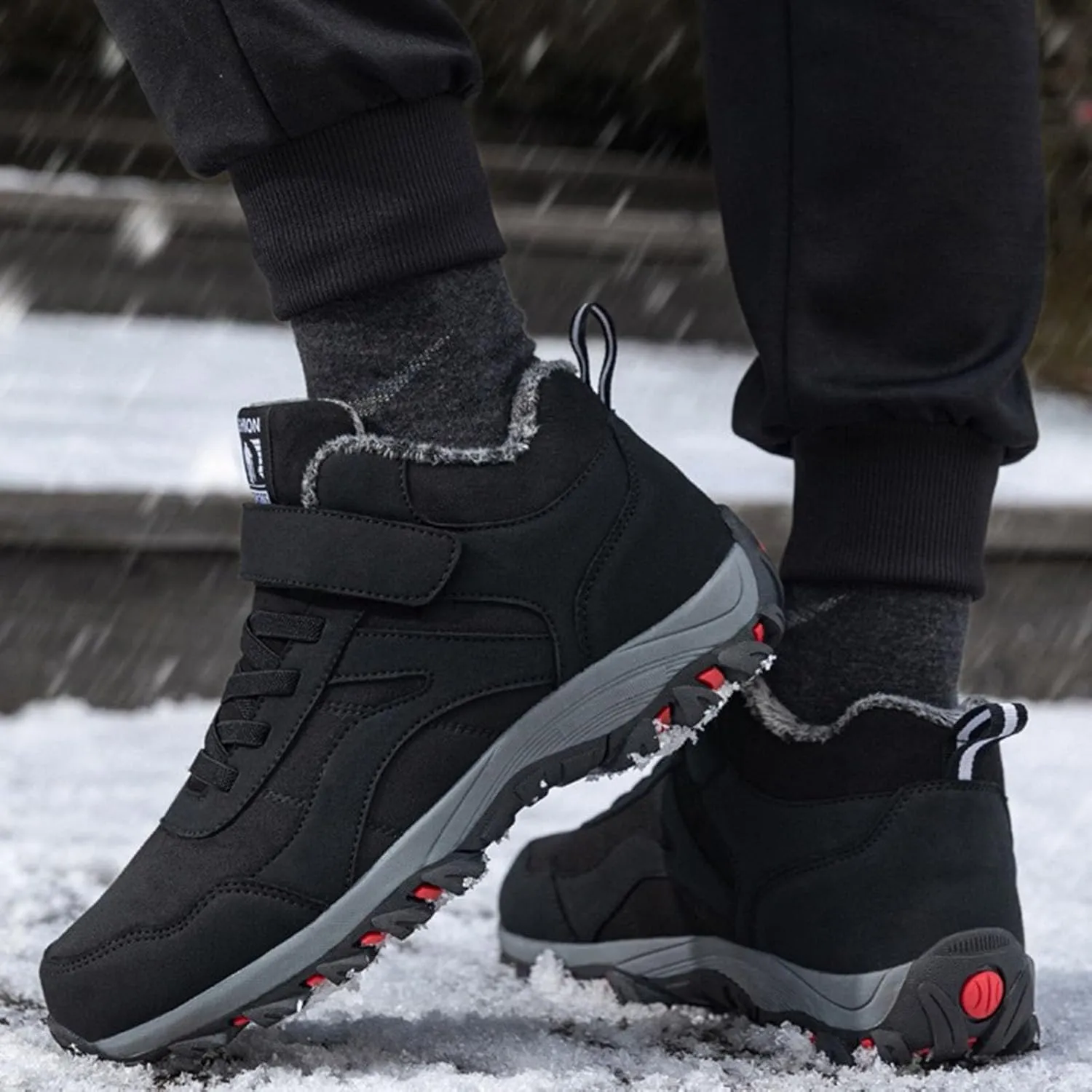 Winter Sport Shoes for Men Fleece Lined Warm Running Shoes with Adjustable Closures Non Slip Walking Boots Snowshoe Pole