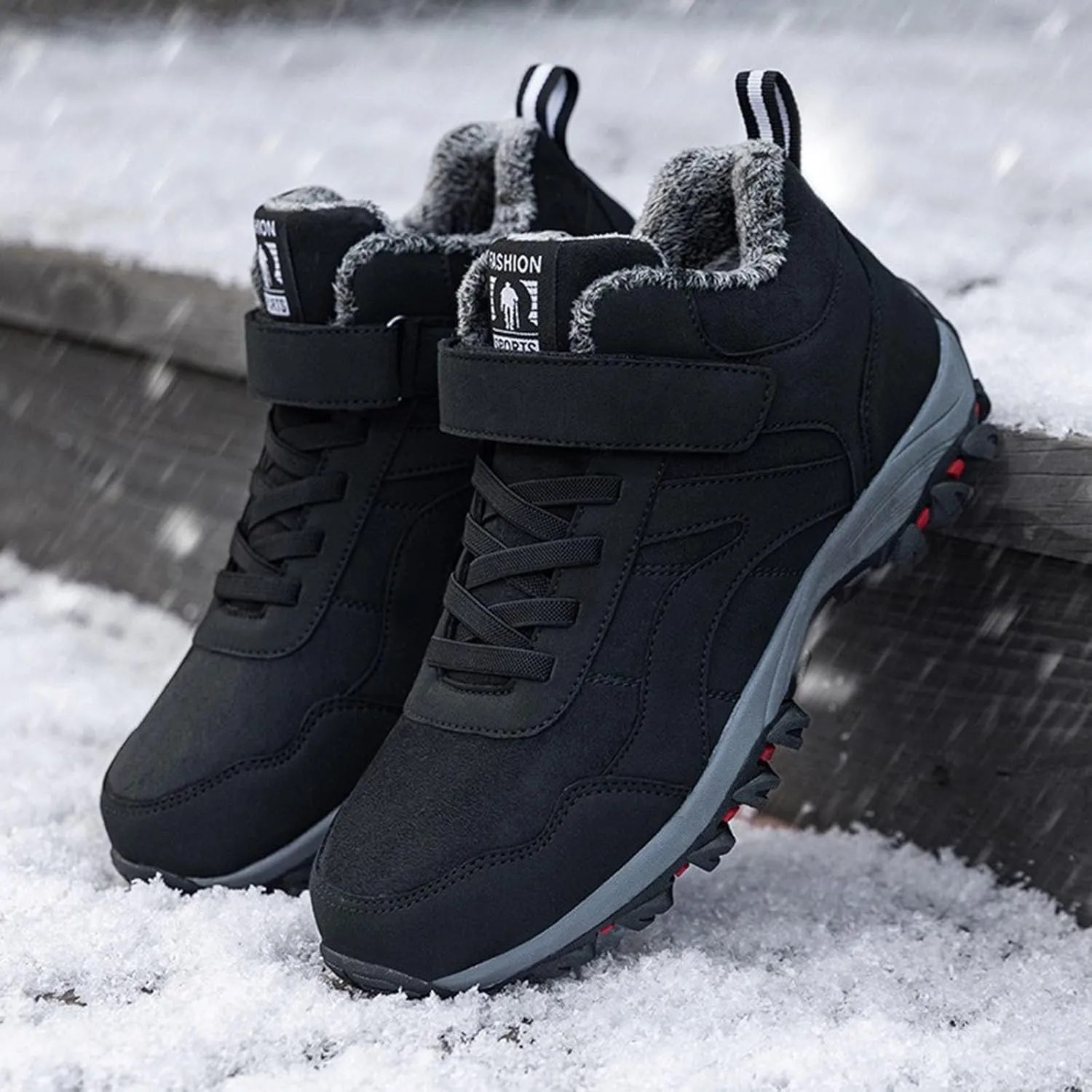 Winter Sport Shoes for Men Fleece Lined Warm Running Shoes with Adjustable Closures Non Slip Walking Boots Snowshoe Pole