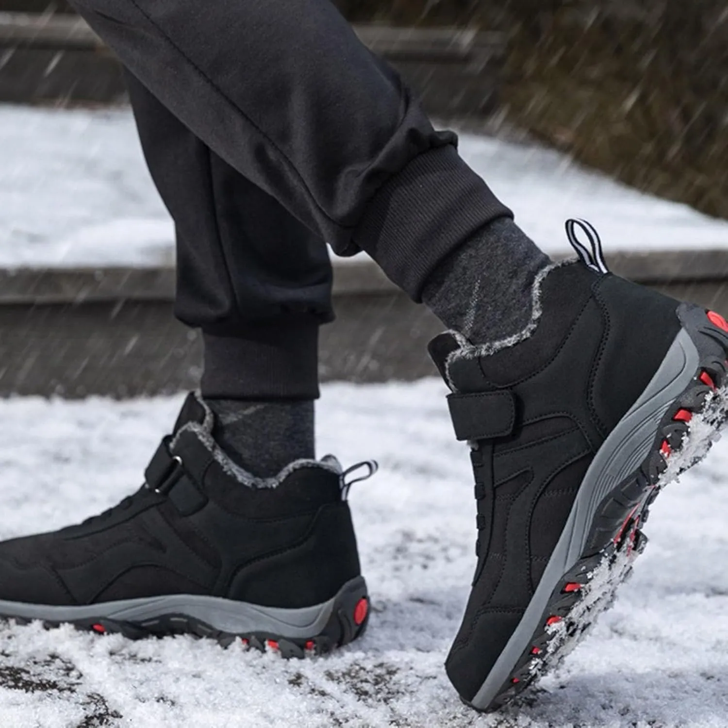 Winter Sport Shoes for Men Fleece Lined Warm Running Shoes with Adjustable Closures Non Slip Walking Boots Snowshoe Pole