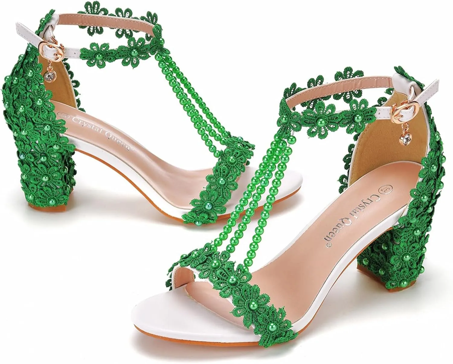 Woman Embroidered Flower Chunky High Heel Fish Mouth Sandals with Adjust Ankle Strap Color Beads Fashion Elegant Block Heel Open Toe Bride Pumps for Wedding Party Dress
