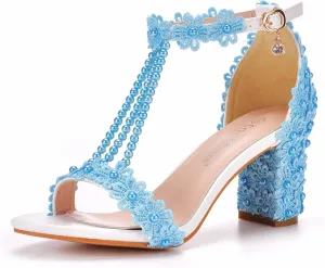 Woman Embroidered Flower Chunky High Heel Fish Mouth Sandals with Adjust Ankle Strap Color Beads Fashion Elegant Block Heel Open Toe Bride Pumps for Wedding Party Dress