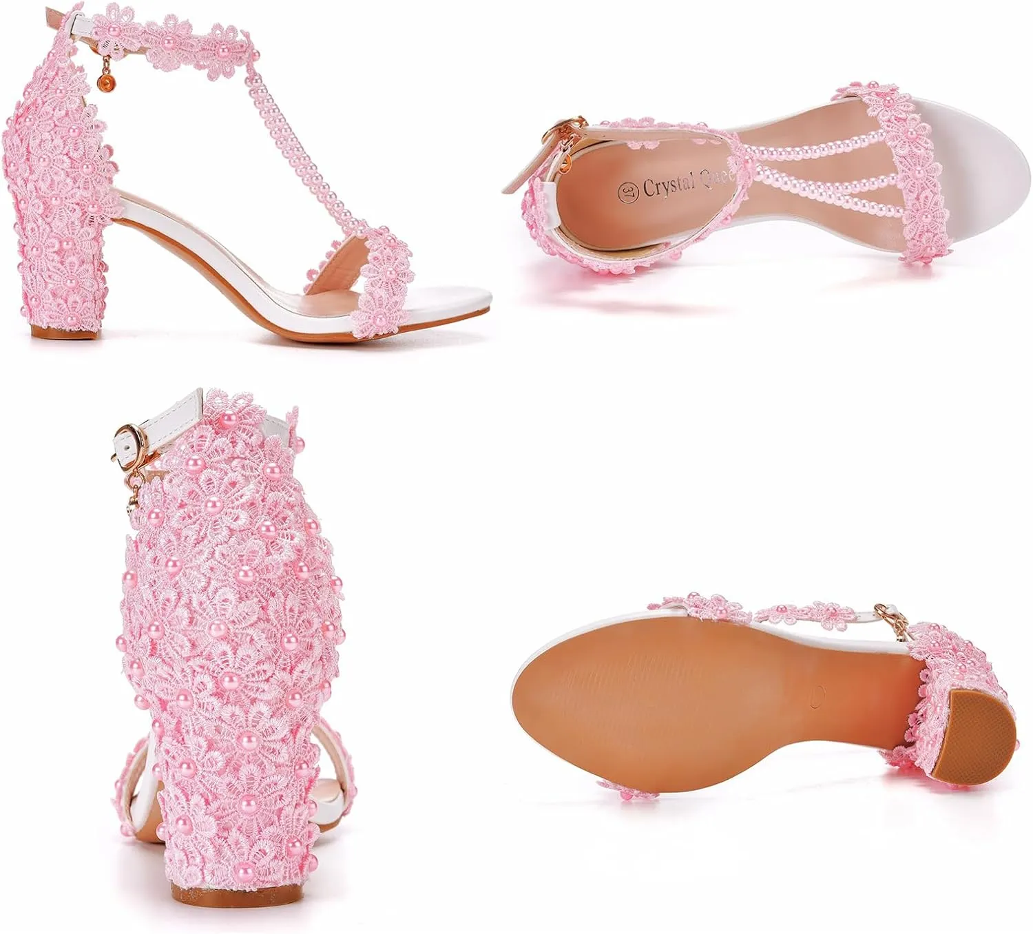 Woman Embroidered Flower Chunky High Heel Fish Mouth Sandals with Adjust Ankle Strap Color Beads Fashion Elegant Block Heel Open Toe Bride Pumps for Wedding Party Dress