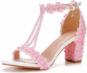 Woman Embroidered Flower Chunky High Heel Fish Mouth Sandals with Adjust Ankle Strap Color Beads Fashion Elegant Block Heel Open Toe Bride Pumps for Wedding Party Dress