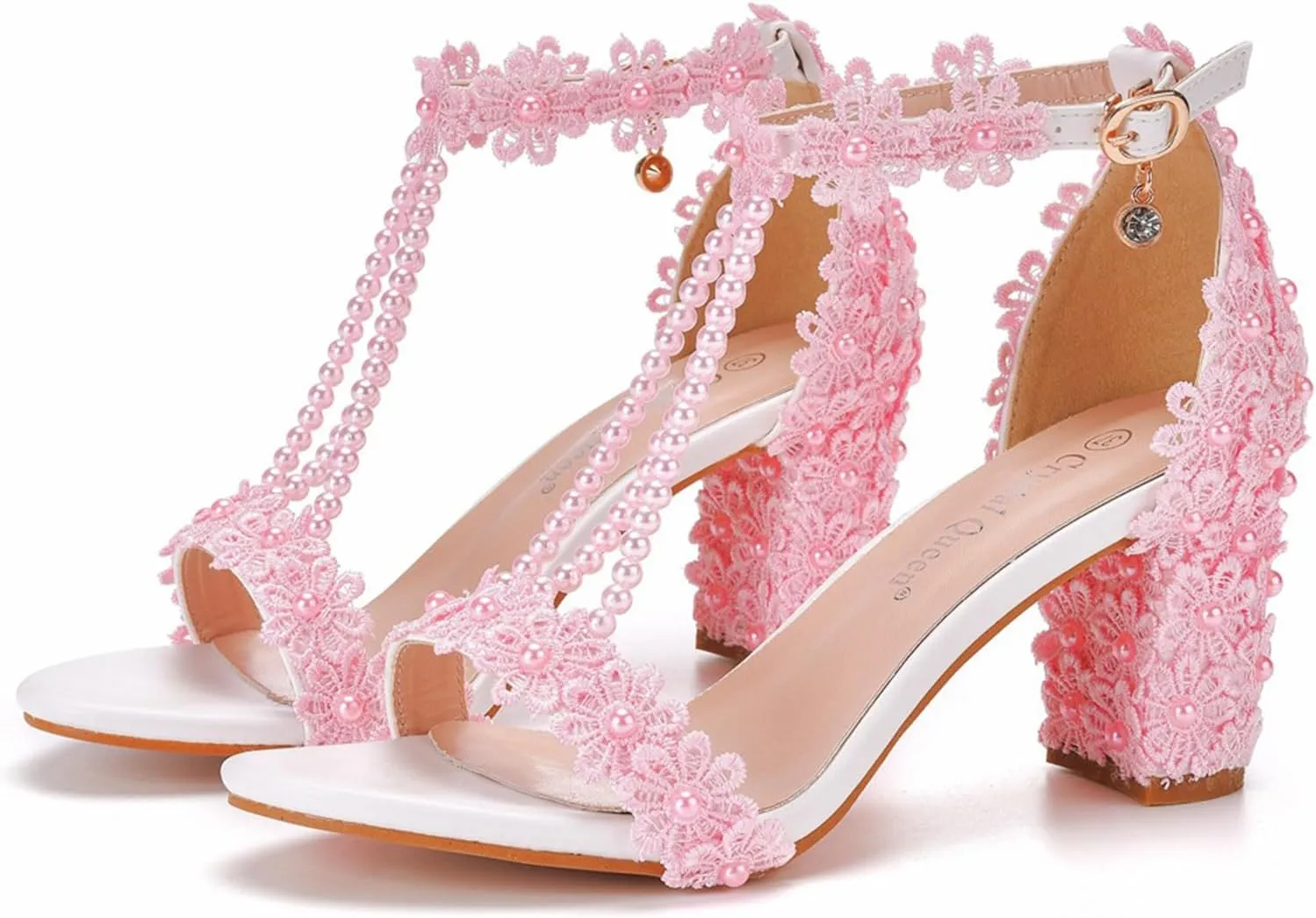 Woman Embroidered Flower Chunky High Heel Fish Mouth Sandals with Adjust Ankle Strap Color Beads Fashion Elegant Block Heel Open Toe Bride Pumps for Wedding Party Dress