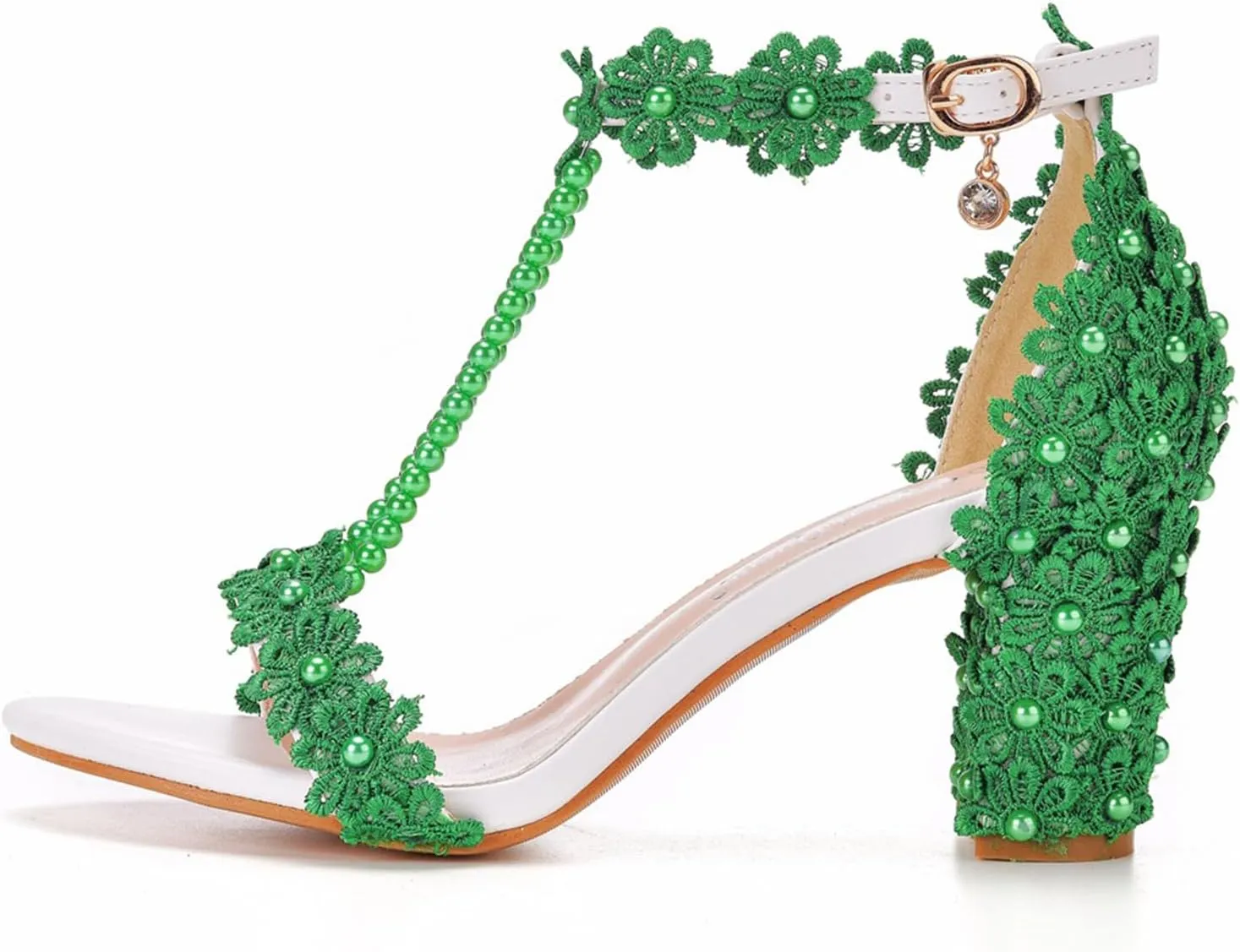 Woman Embroidered Flower Chunky High Heel Fish Mouth Sandals with Adjust Ankle Strap Color Beads Fashion Elegant Block Heel Open Toe Bride Pumps for Wedding Party Dress
