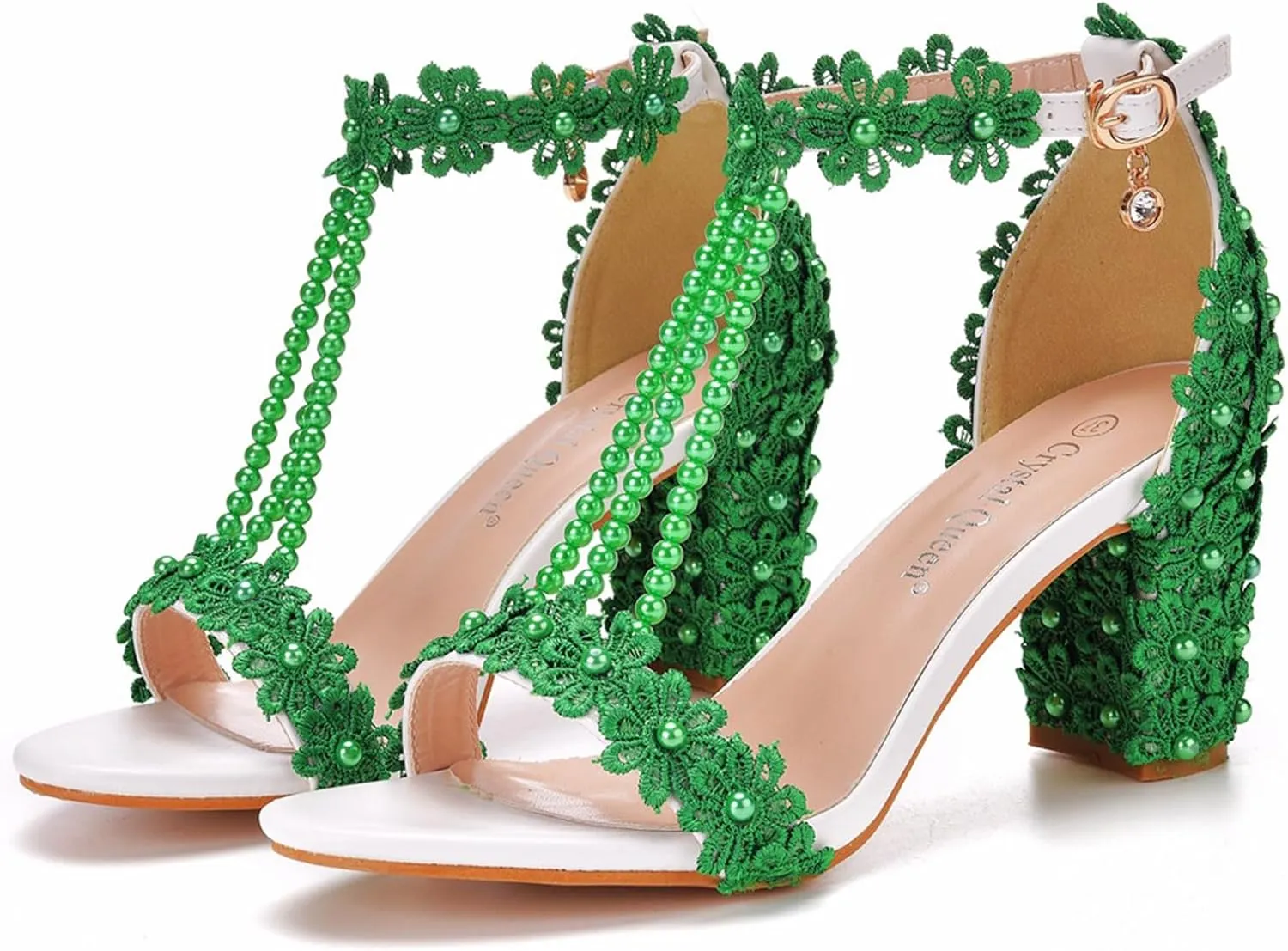 Woman Embroidered Flower Chunky High Heel Fish Mouth Sandals with Adjust Ankle Strap Color Beads Fashion Elegant Block Heel Open Toe Bride Pumps for Wedding Party Dress