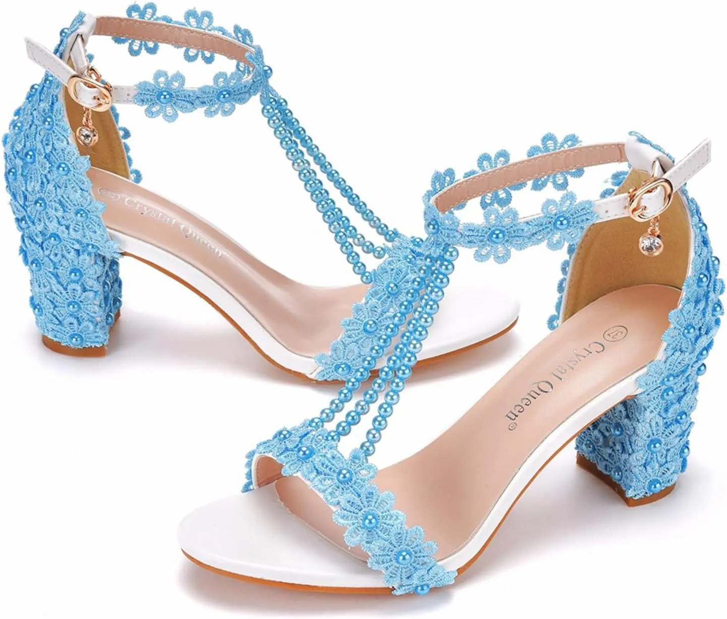 Woman Embroidered Flower Chunky High Heel Fish Mouth Sandals with Adjust Ankle Strap Color Beads Fashion Elegant Block Heel Open Toe Bride Pumps for Wedding Party Dress