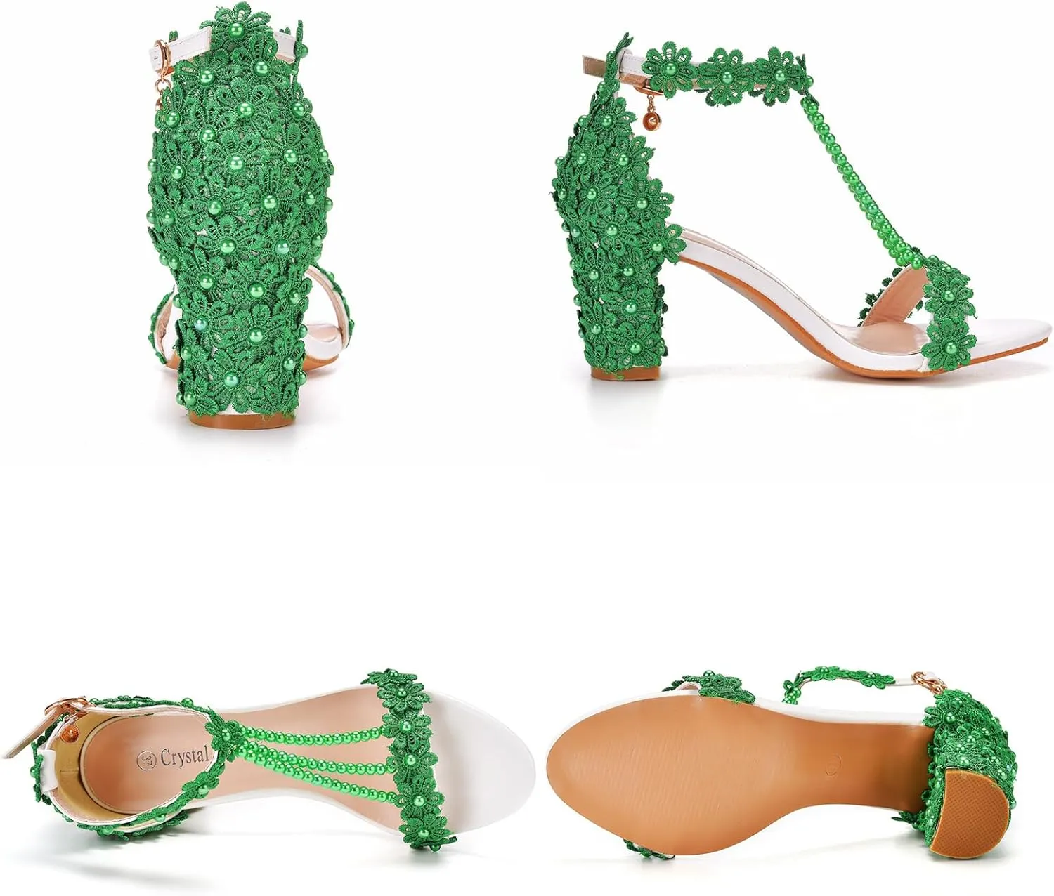 Woman Embroidered Flower Chunky High Heel Fish Mouth Sandals with Adjust Ankle Strap Color Beads Fashion Elegant Block Heel Open Toe Bride Pumps for Wedding Party Dress