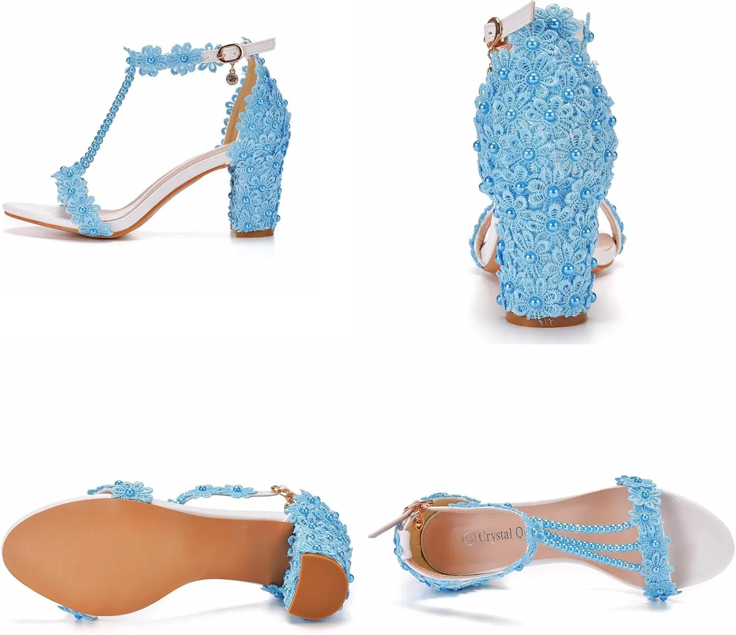 Woman Embroidered Flower Chunky High Heel Fish Mouth Sandals with Adjust Ankle Strap Color Beads Fashion Elegant Block Heel Open Toe Bride Pumps for Wedding Party Dress