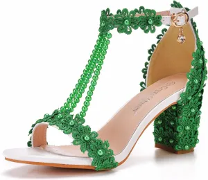 Woman Embroidered Flower Chunky High Heel Fish Mouth Sandals with Adjust Ankle Strap Color Beads Fashion Elegant Block Heel Open Toe Bride Pumps for Wedding Party Dress