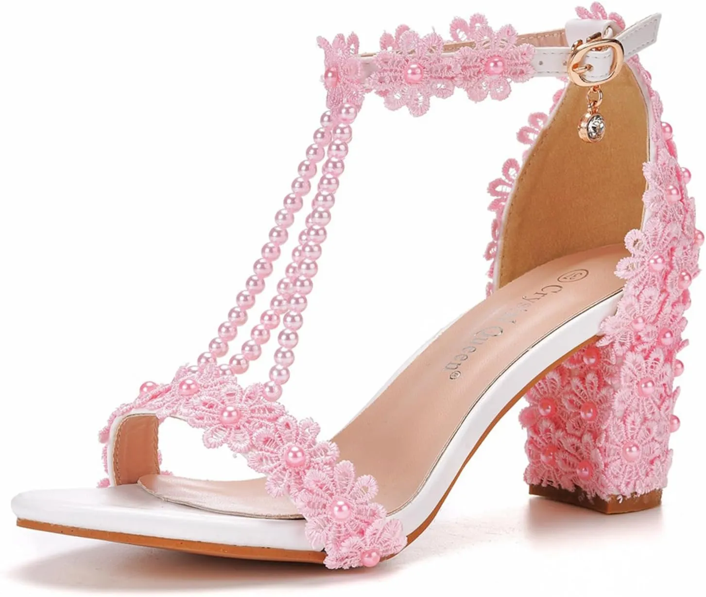 Woman Embroidered Flower Chunky High Heel Fish Mouth Sandals with Adjust Ankle Strap Color Beads Fashion Elegant Block Heel Open Toe Bride Pumps for Wedding Party Dress