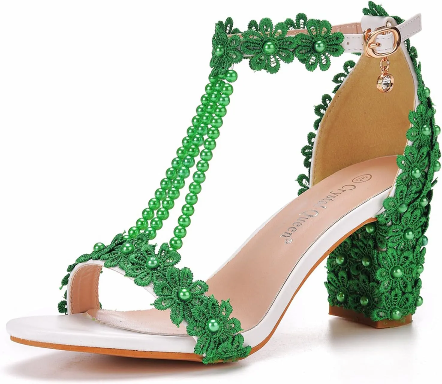 Woman Embroidered Flower Chunky High Heel Fish Mouth Sandals with Adjust Ankle Strap Color Beads Fashion Elegant Block Heel Open Toe Bride Pumps for Wedding Party Dress