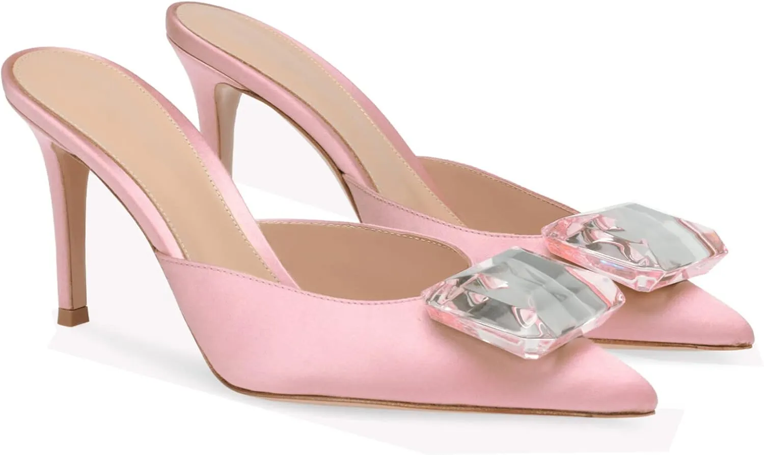 Woman Heeled Mules Rhinestone Pointy Closed Toe Sandals Kitten High Heels Sandals Summer Slip on Mule Heels Bridal Dress Shoes